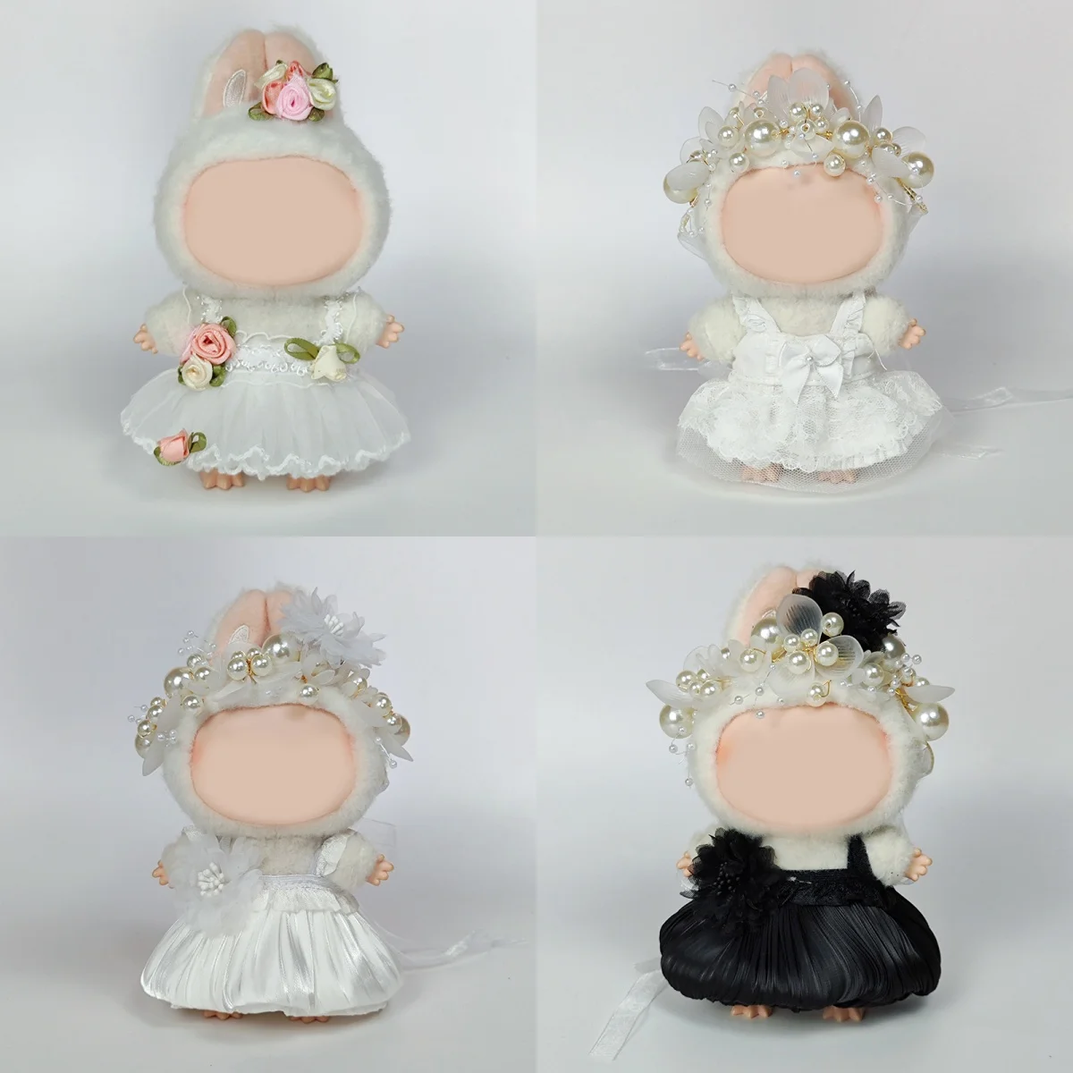 

For Labubu Doll Wedding Outfit Set White Pearl Flower Headpiece Black Floral Dress Plush Toy Cosplay Costume Decoration Gift