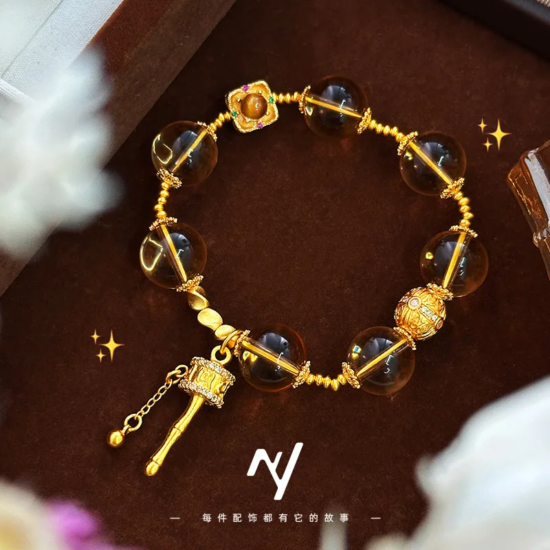 New Chinese Style Ancient Method 9999 24K Real Golddiy Citrine Tiger Eye Six-character Mantra Rattle Drum Diamond Bracelet