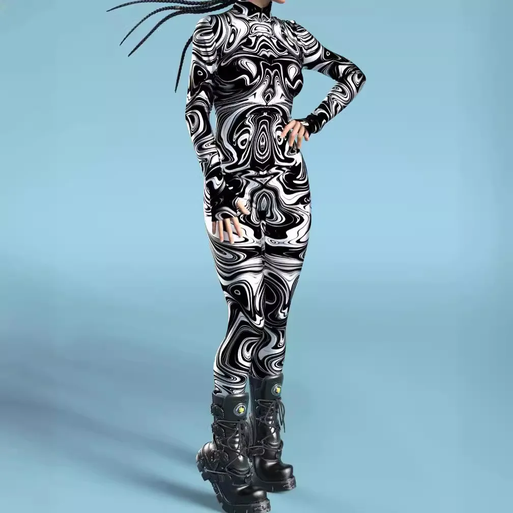 

Colorful Cyber Zentai Bodysuit Sleeves Cosplay Costume Front Zipper Jumpsuit Man Festival Performance Outfit For Woman