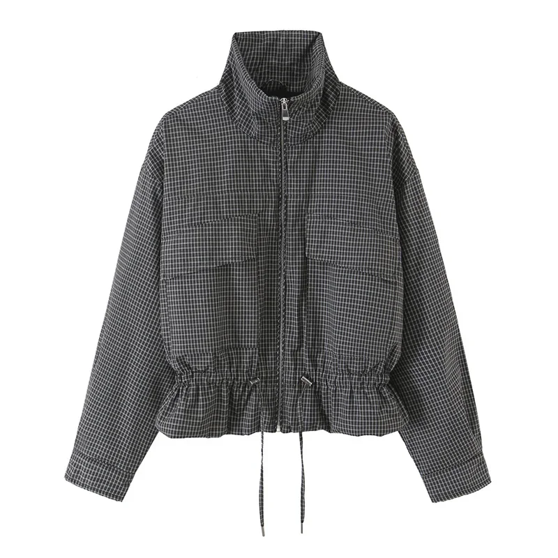 Guobioziy Women's Top 2026 Autumn New Fashion Loose-Fit Versatile Long-Sleeve Stand Collar Plaid Cotton Jacket