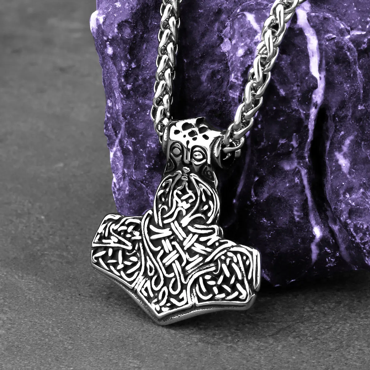 Nordic Mythology Thor Hammer Mjolnir Necklace Men's Stainless Steel Vintage Viking Amulet Pendant Necklace Hip-hop Biker Jewelry