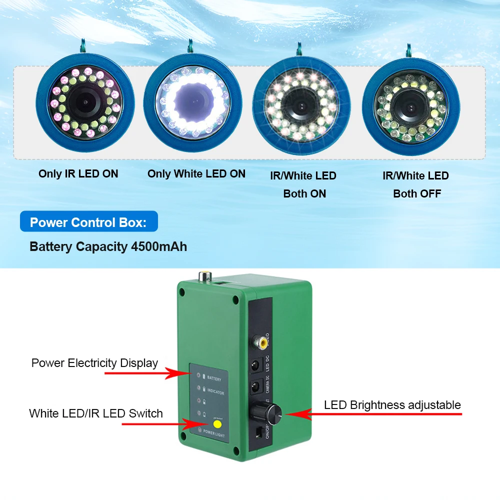 كاميرا صيد تحت الماء - شاشة 7 بوصة، 15 مصباح LED أبيض و15 مصباحًا بالأشعة تحت الحمراء، بطارية 4500AH لصيد الجليد/البحر/النهر