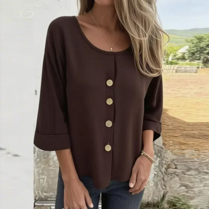 

Simple Fashion Solid Cotton Linen Blouse Woman Elegant Crew Neck Button Top Pullover Autumn 3/4 Sleeve Loose Female Shirt Blusas