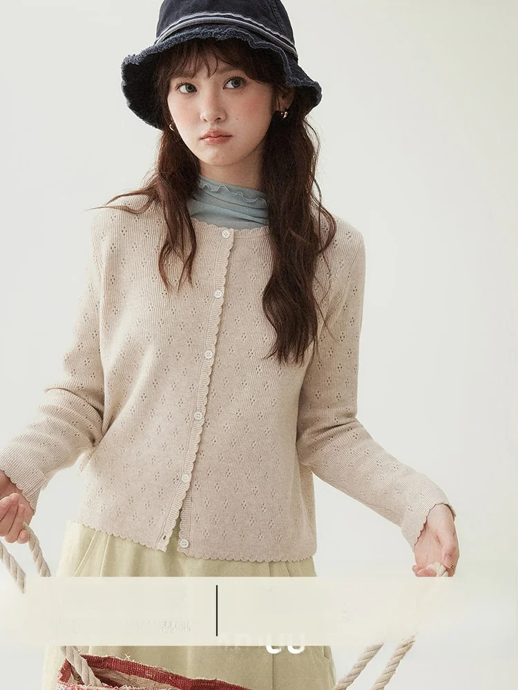 

AMUU Оригинальный женский вязаный кардиган с кружевом, круглым вырезом и длинными рукавами, для ранней весны, повседневный стиль