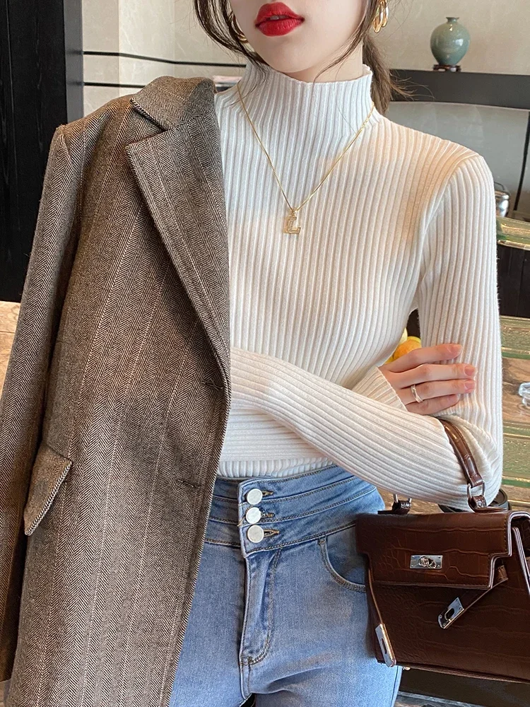 Korean Fashion Simple Chic Clothes Tops Elegant Solid Basic Knitted Women Turtlneck Sweater Long Sleeve Casual Slim Pullover