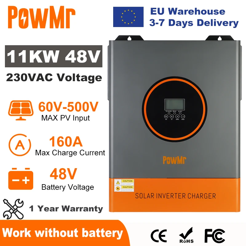 PowMr 11KW Hybrid Solar Inverter 48V 230V Off Grid Inverter Dual Input Work without Battery with MPPT 160A Solar Battery Charger