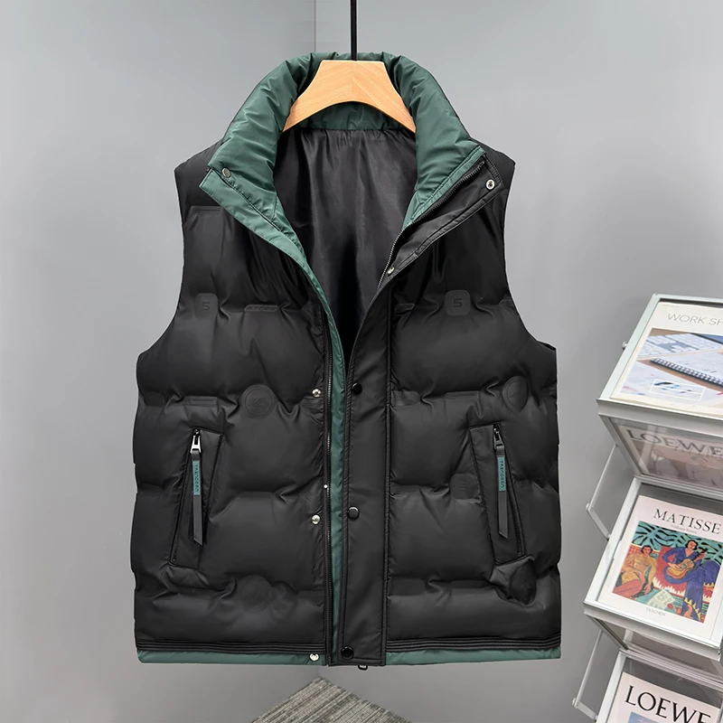 

Autumn and Winter Men's Down Cotton Vest Men Windproof Warm Vest Jackets New Trend Fashion Zipper Hooded Solid Color Vest Coat