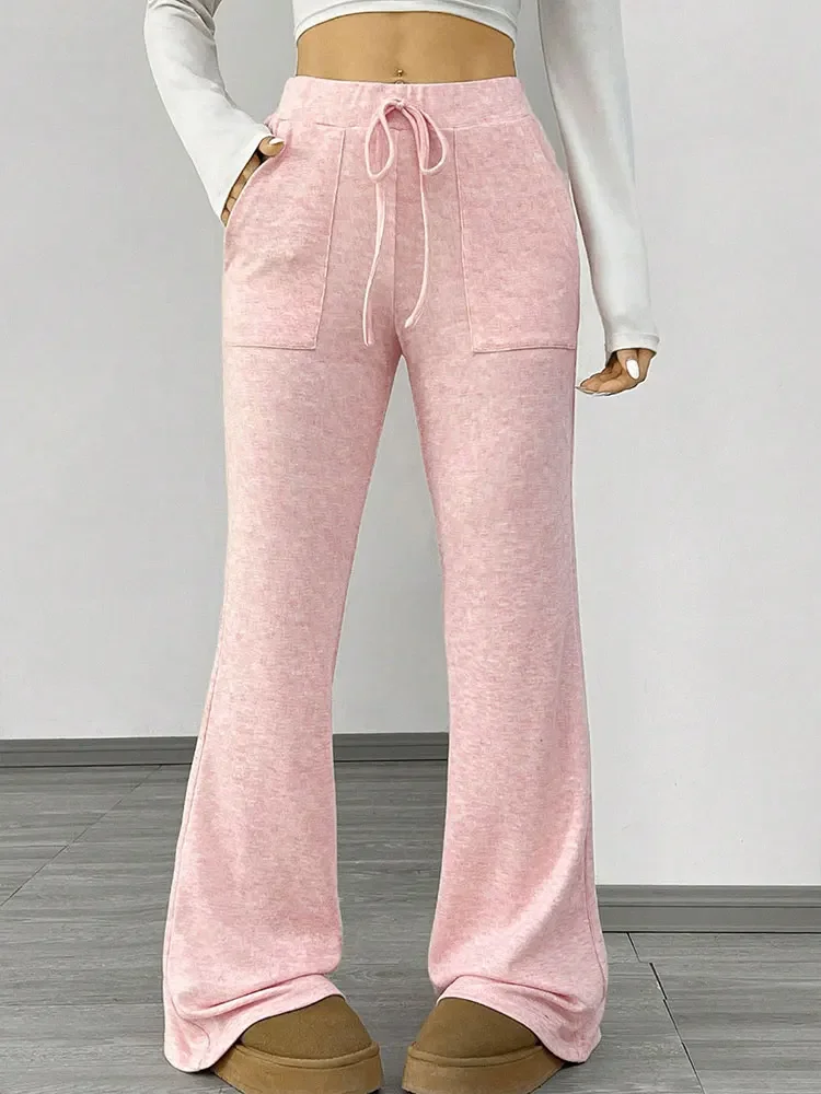 

Nice Fashion Summer Women's Trousers Streetwear New Casual Slim Pockets Lace-up Pants Pink Sexy Female Slim Knitted Trousers Clo
