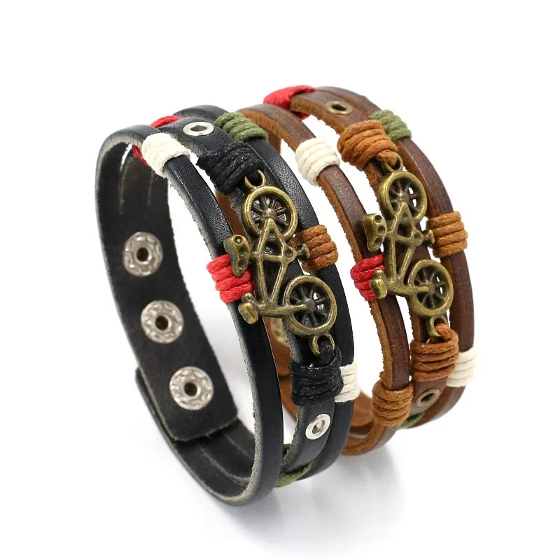 Retro Punk Gothic Individuality Simple Fashion Bicycle Wide leather bracelet Snapper Multilayer Knit Men and women Hands