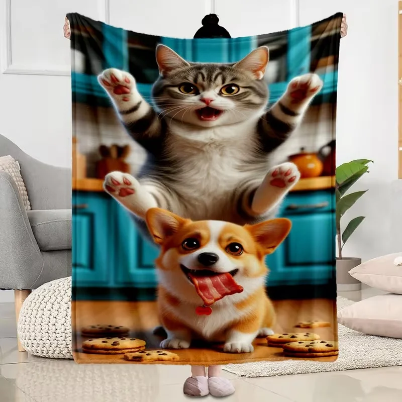 Funny Corgi Cat Flannel Blanket Cute Puppy Kitten Bacon Cookies Fleece Blanket Soft Warm Cozy Throw Blankets For Sofa Bed Gift