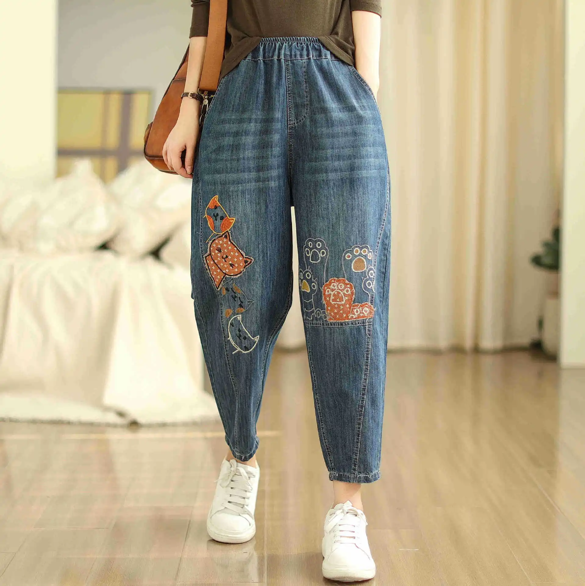 Aricaca Women Casual Denim Summer Pants M-2XL Embroidery Denim Pants For Women