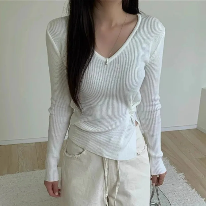 

Вязаный свитер Dongda Gate Autumn New, длинный рукав, V-образный вырез, боковые пуговицы, приталенный крой, ребристый трикотаж, корейская версия, для повседневной носки