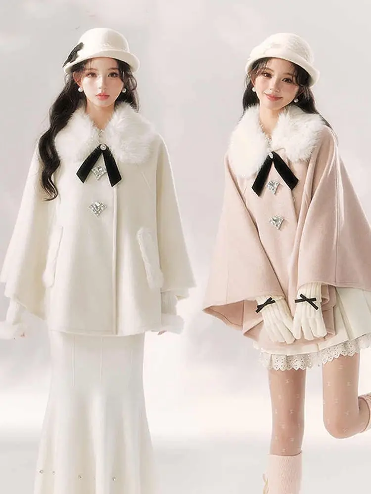 

French Style Elegant Fur Collar Cape Coat for Women Female High End Fashion Outerwear Rich Girl Aesthetic Sophisticated Design