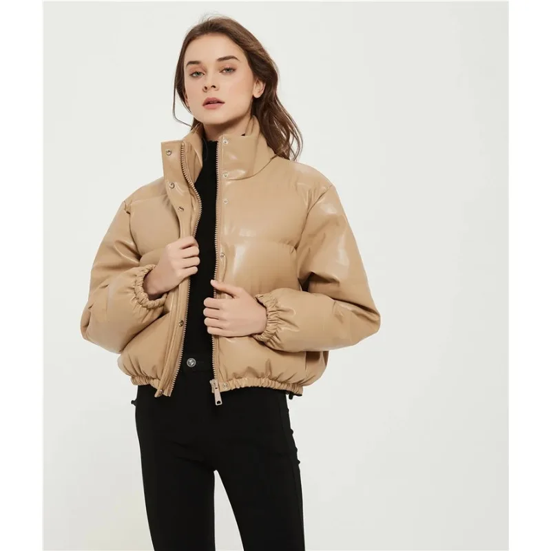 

New Winter Cotton Jacket Women Solid Color Casual Imitation Leather Coat Fashion Trend 2025 European Style