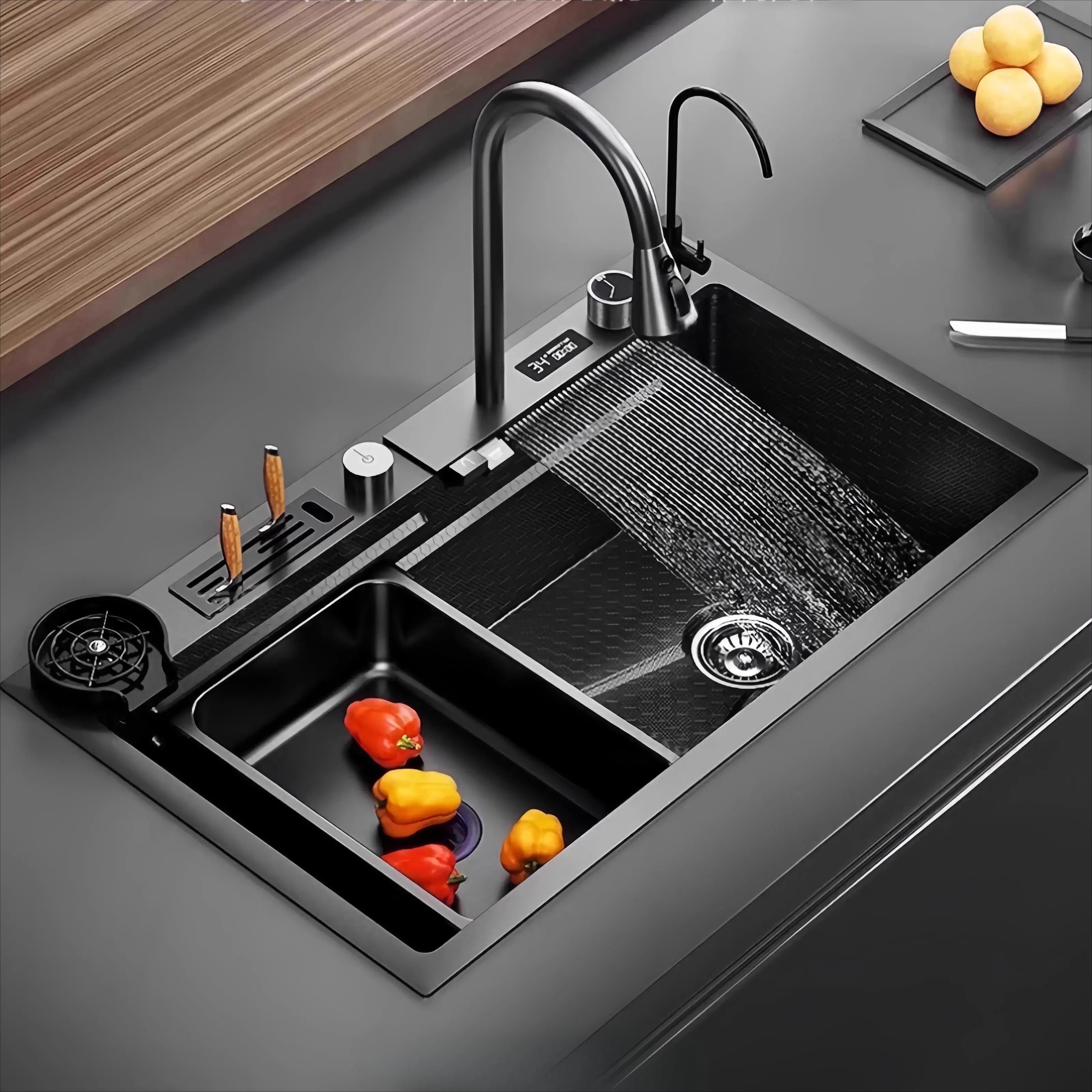 Pulsante lavello cascata da cucina in acciaio inossidabile SUS304, display digitale, grande slot singolo