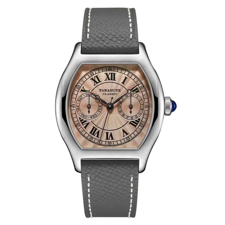 FARASUTE Orologio da uomo di lusso 36mm Tonneau Orologio da polso al quarzo Classico ginocchio spesso 9,4 mm Specchio zaffiro Multi quadrante Settimana Data Quadrante VH64