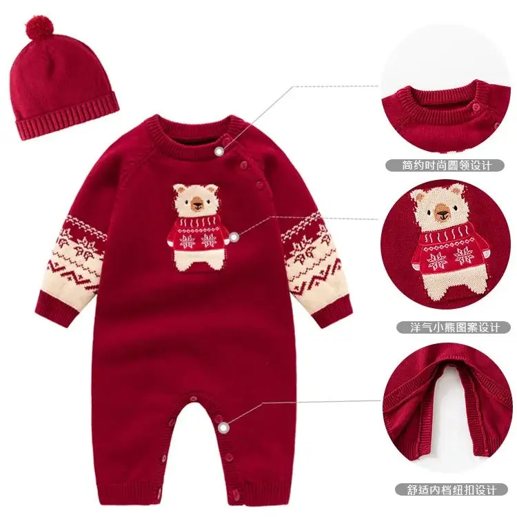 طفل أطفال عيد الميلاد تريكو ملابس طفل الخريف الشتاء الدافئة الأحمر رومبير مع قبعة للرضع حديثي الولادة Homewear بذلة عموما #4