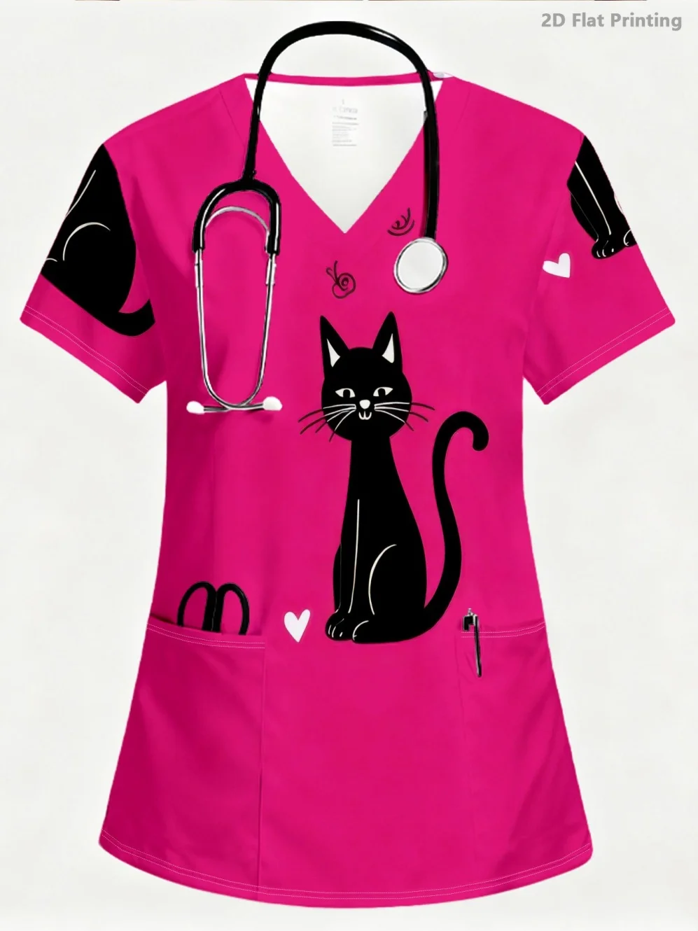 Summer Womens Fashion V-Neck Short Sleeve Uniform Pockets Tops Cute Cat Pattern Print Comfortable Vet Clinical Uniforms Woman - view 3