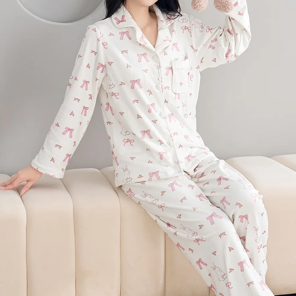 Autumn Winter Warm Island Velvet Bow Print Sweet Girl's Pajamas Long Sleeve Trousers Sleepwear 2 PCS Nightwear Home Clothes