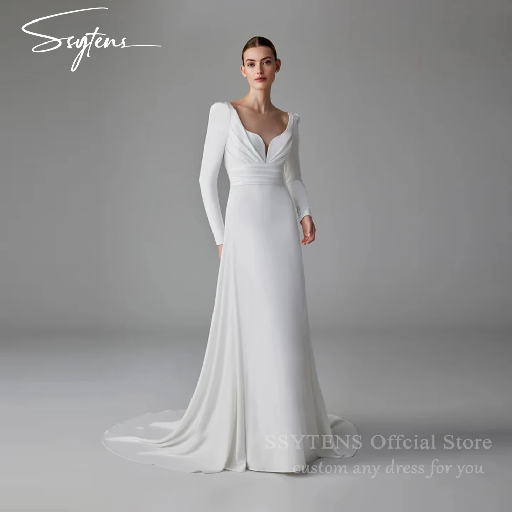 

SSYTENS Simple Civil Wedding Dresses Satin Open Back Customized Long Sleeves Bridal Gowns Bride Dress Royal Engagement Dress