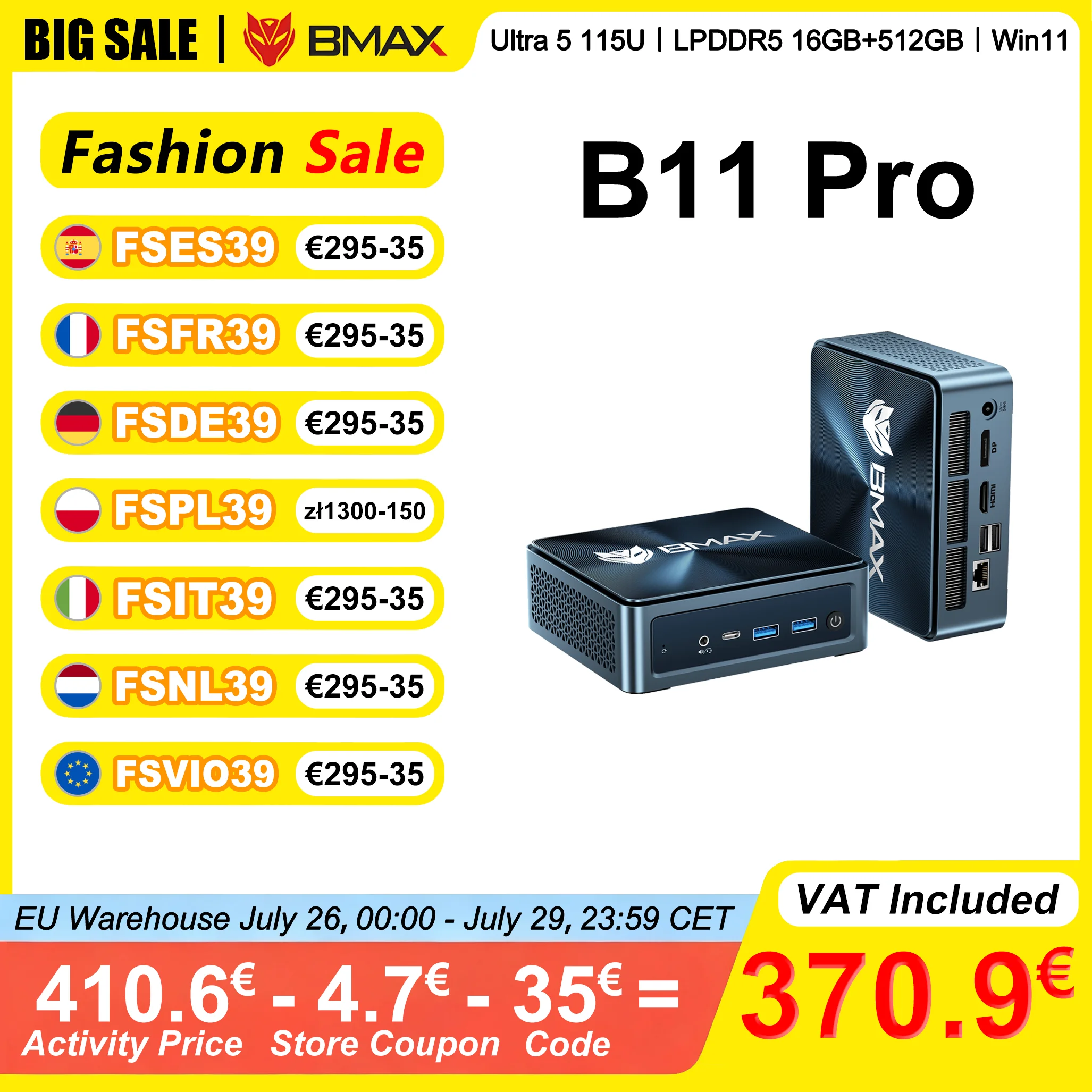 Mini PC BMAX B11 Pro Intel Ultra 5 115U 16 Go LPDDR5 4400 MHz RAM 512 Go SSD Windows 11 WiFi 6 Bluetooth 5.2 USB HDMI Type-C