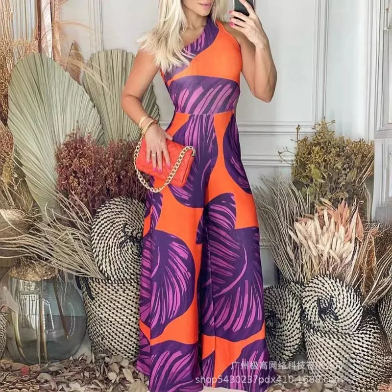 

2024 Spring Summer New Women's Clothing Diagonal Collar One-Shoulder Orange Leaf Printed One-Piece Trousers