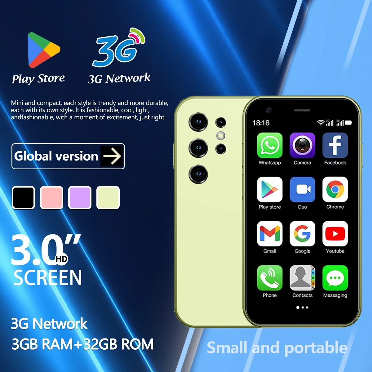​Tiny Small Phone Mini 24 3G 3.0 Inch Android Mobile, 3GB RAM 32GB ROM Dual SIM, Portable Backup Phone for Student & Senior​