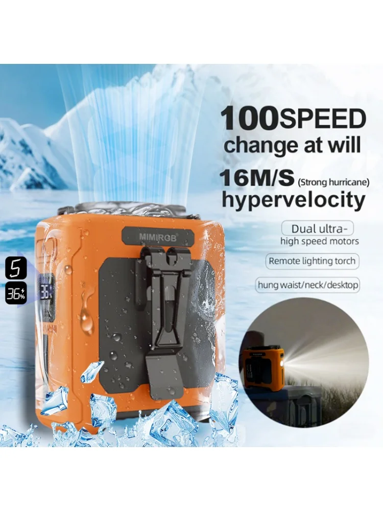 

Portable Waist Fan with Power Bank LED Lighting Hanging Neck Fan 5 Speed Strong Airflow Cooling Fan for Outdoor Working