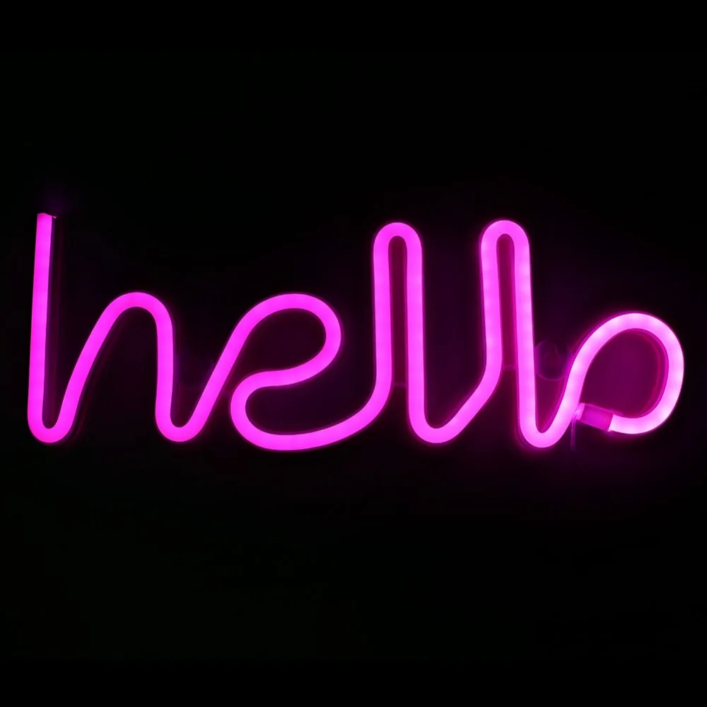 Stylish Hello LED Neon Sign USB Battery Powered Pink Light Night Light Wall Mount Letter Shape Light Bar Wall Decor