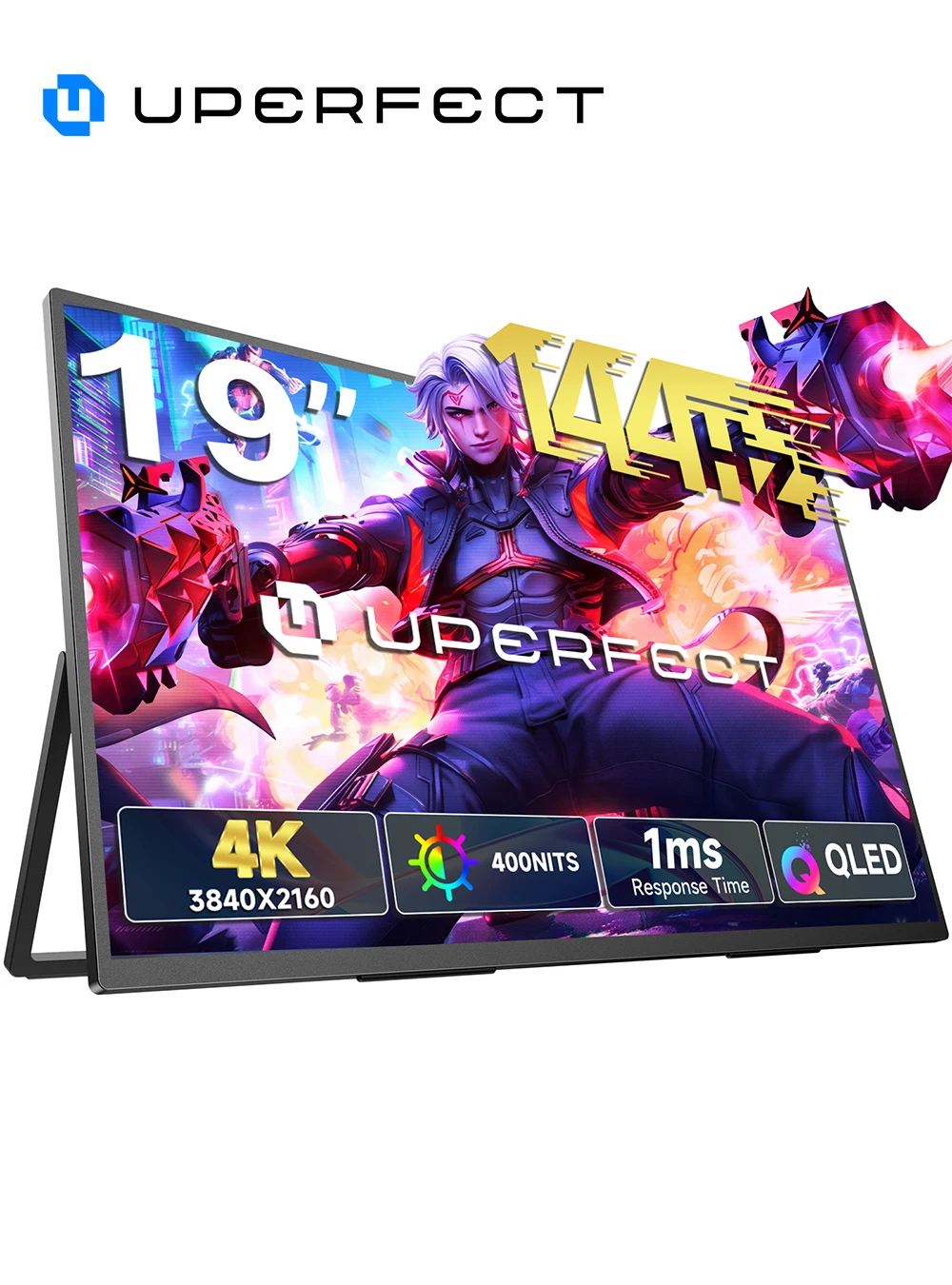 UPERFECT 19 Zoll 4K UHD Portable Gaming-Monitor – QLED, 144 Hz, 146 % sRGB, 3840 × 2160 UHD, integrierter Standfuß & VESA-Halterung – ideal für Switch 2, Fotobearbeitung, Design und kreative Arbeiten