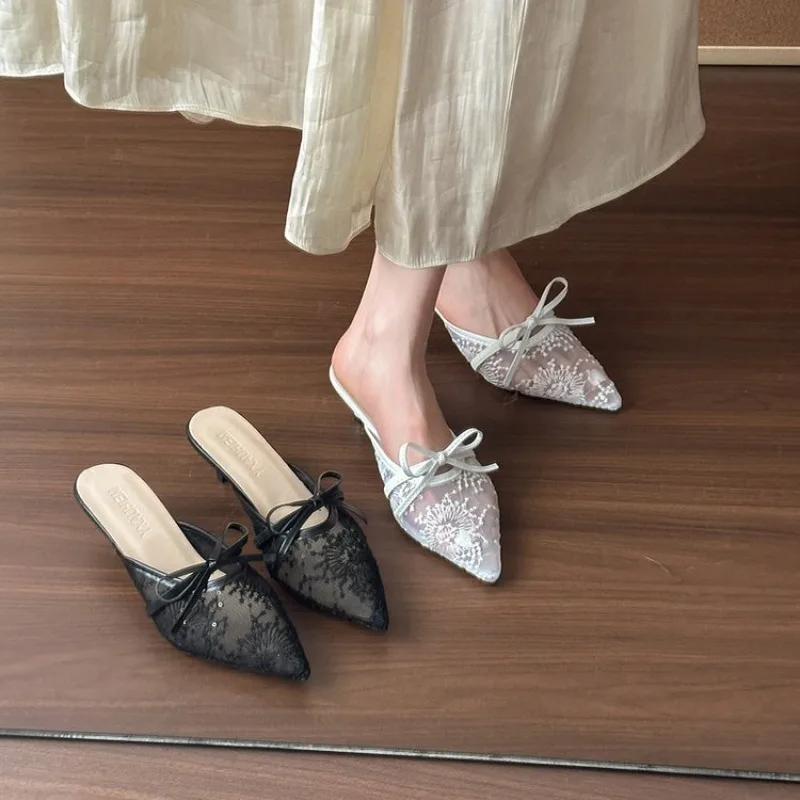 

2026 New Butterfly Bow High-heeled Slippers for Women in Summer, Lace Hollow Mesh, Pointed Thin Heels, Sexy Sandals for Women