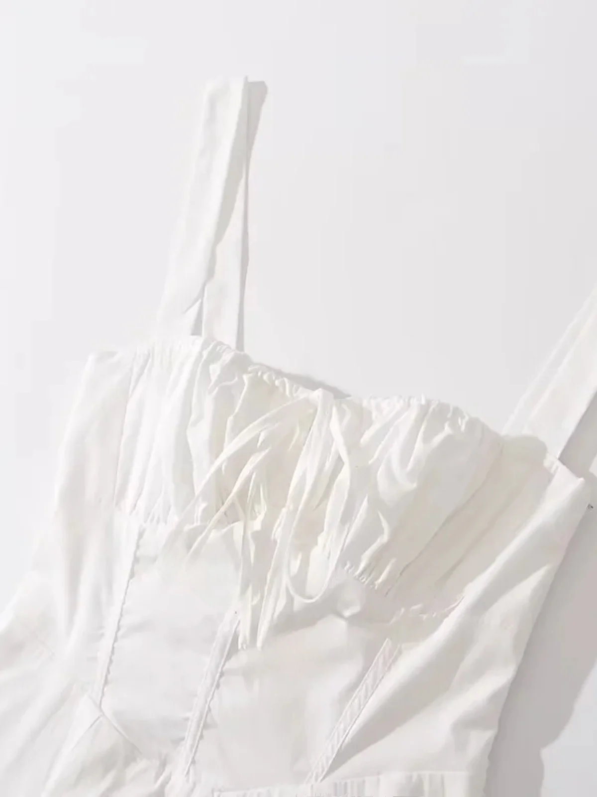White Women's Dress Necktie Low Chest Mid-Length Slimming Split Strap Dress Drawstring Waist Slimming Effect Summer Commute