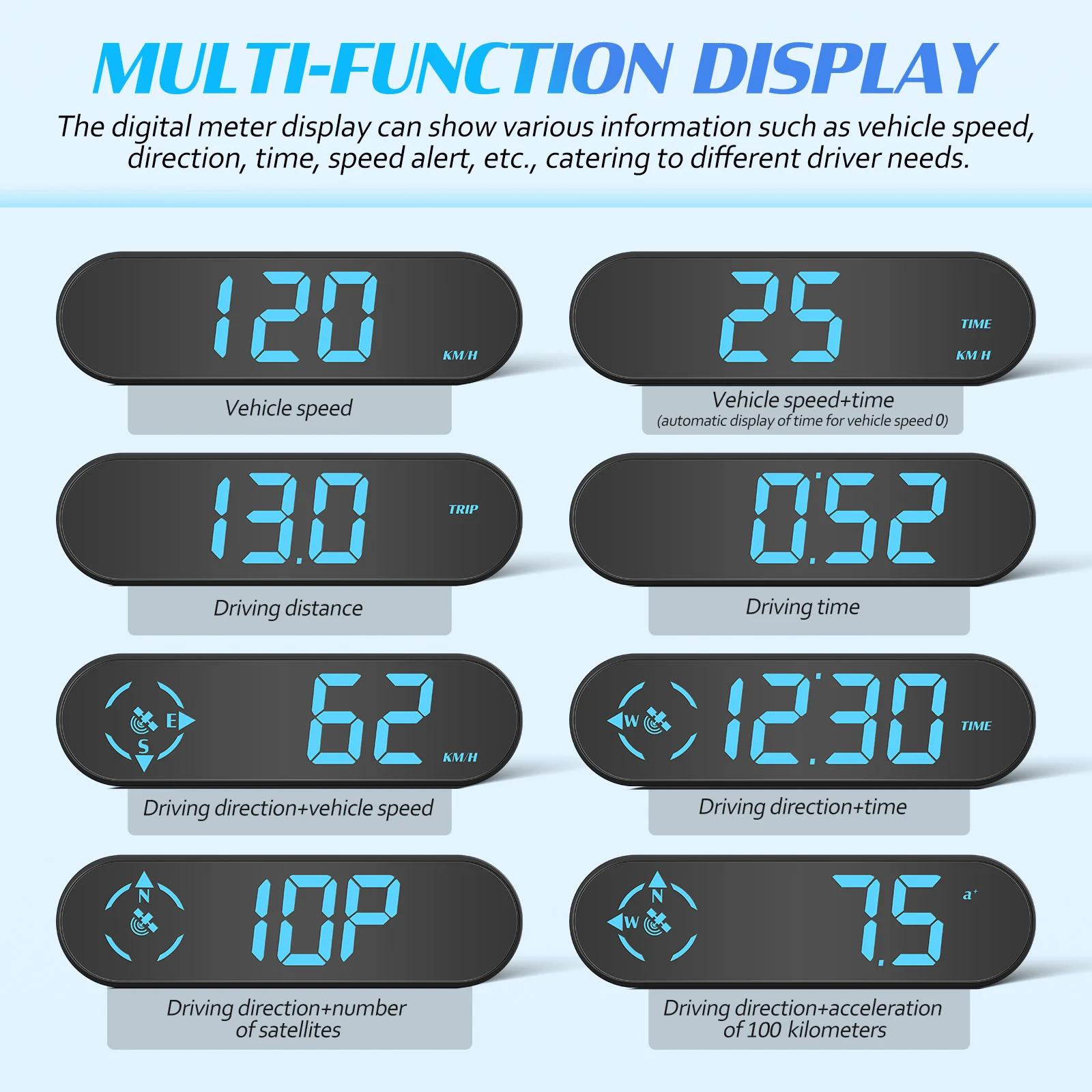 

Universal Display Car Head- Speedometer Windshield Time Alarm Interior Accessory Safe Driving