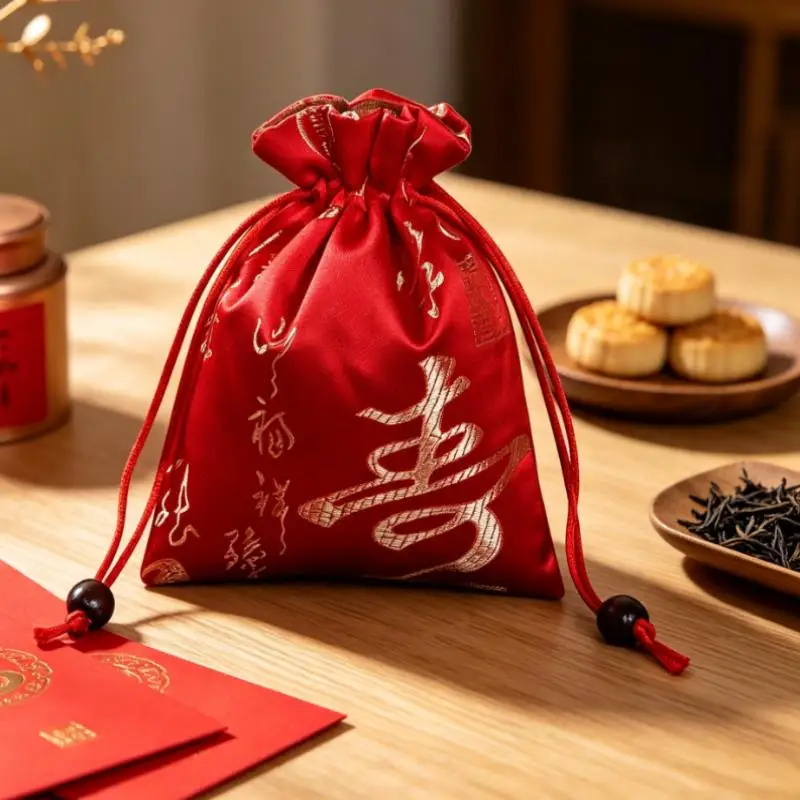Golden Longevity Printed Satin Drawstring Pouch 12x15cm Red Fleece Lined for Earphone Lipstick Daily Storage