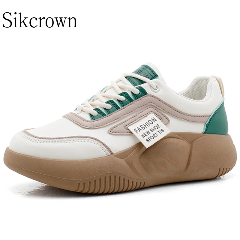 Thick Soled Leather PU Sneakers for Women Casual Sports Shoes for Women Comfortable Walking Sneakers Ladies Lace-Up Casual Shoes