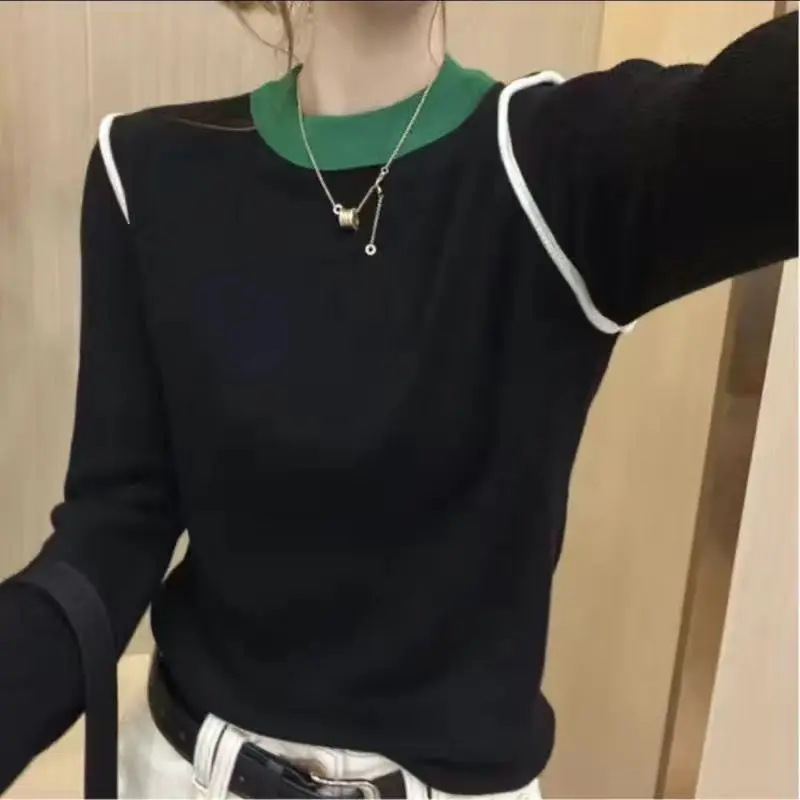 Korean Fashion Autumn/Winter New Sweaters Pullovers Women\'s O-Neck Patchwork Contrast Color Casual All-match Loose Knitted Tops