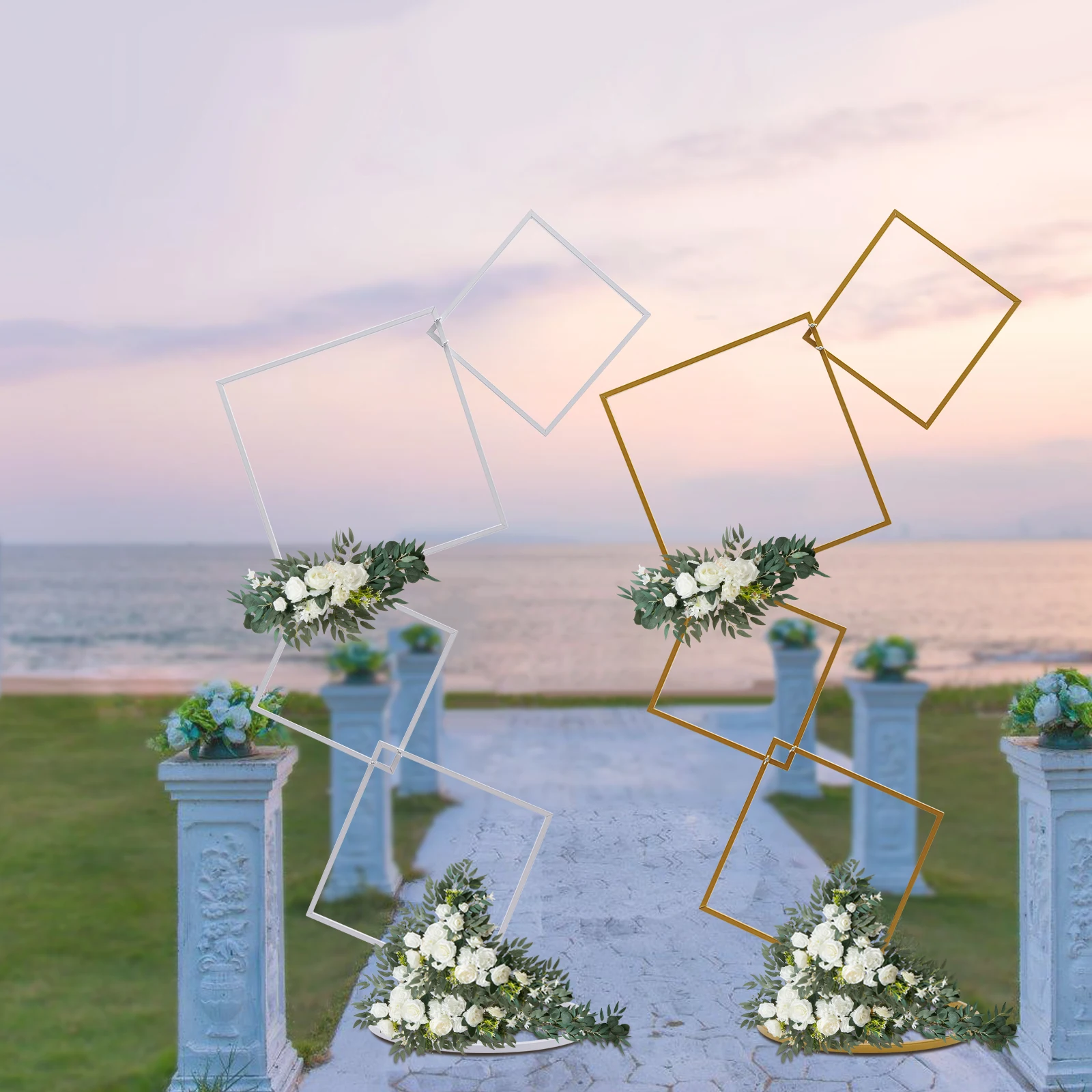 6.27ft High Metal Square Pillar Flower Stand,Gold/White Arch Stand with 4-Tier,Centerpiece Garland for Wedding, Party Decoration