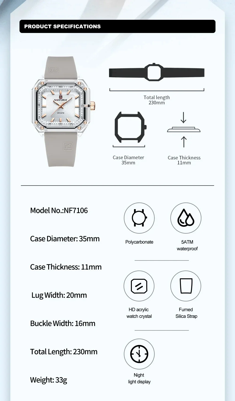 NAVIFORCE NF7106 Luxuriöse quadratische Uhr für Damen, wasserdicht, leuchtende Damenuhr, TPU-Armband, Quarzuhren