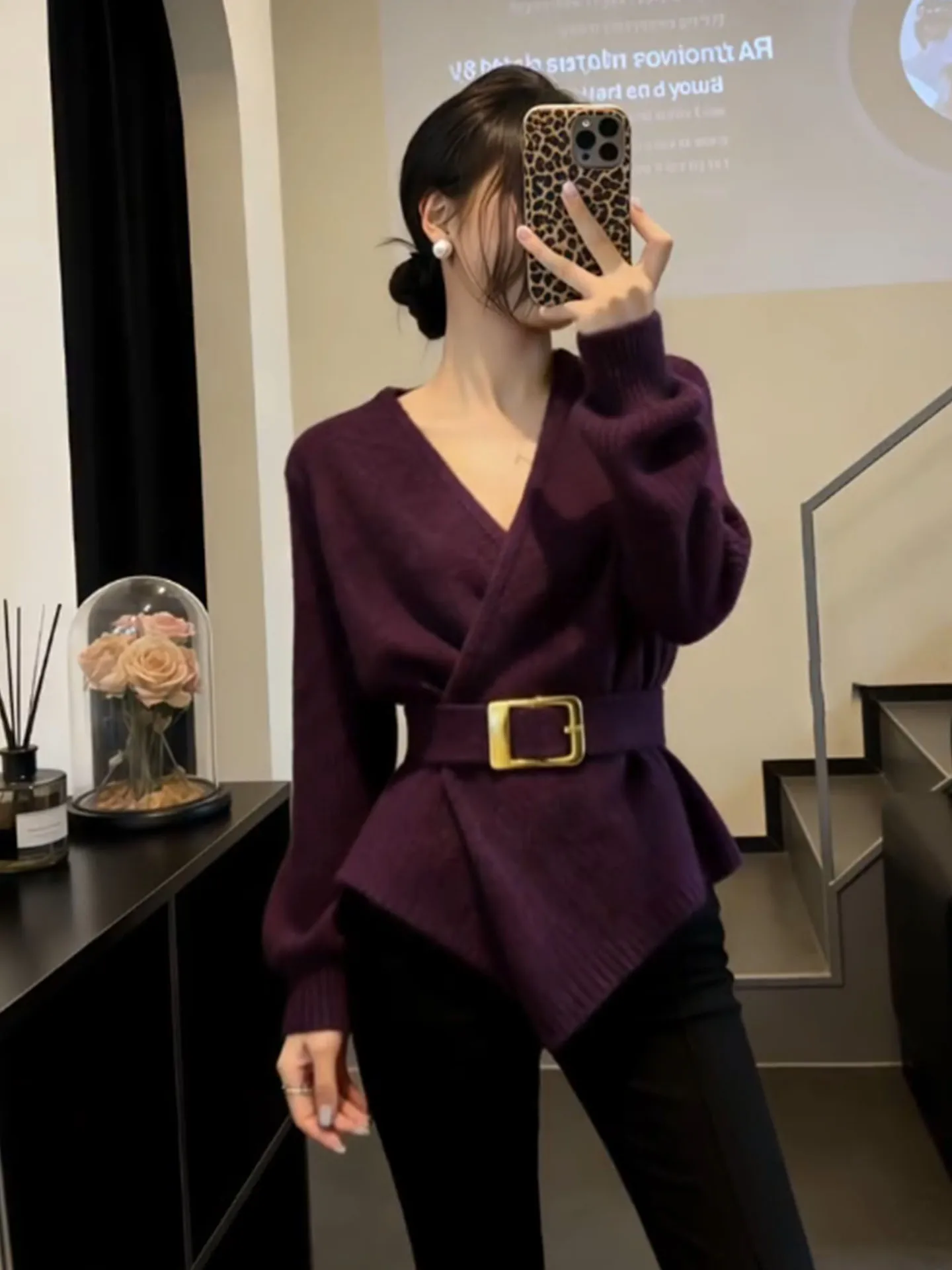 

Ele Purple V-Ne Knitted Sweater Women's Slimming Waist Design Luxury Sle Spring 2026 Faion Trend Loose Fit Long Sve