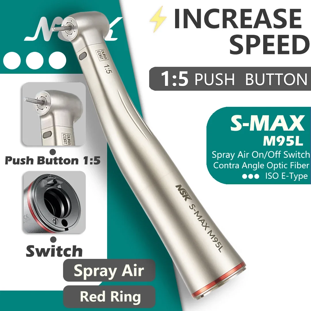 NSK S-MAX M95L contraangulo Spray Air On/Off Switch Dental 1:5 Increasing Speed Handpiece Contra Angle Optic Fiber Red Rings