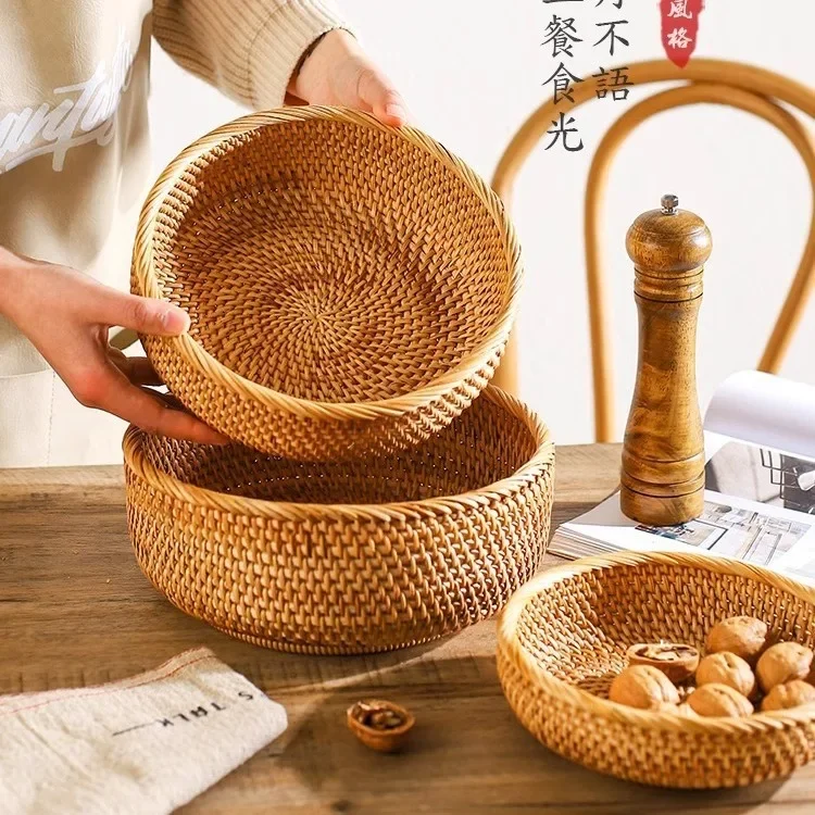 

Round Rattan Woven Basket, Wicker Fruit Basket, Bread Food Kitchen Home Decor Organizer, Breadbasket For Kitchen