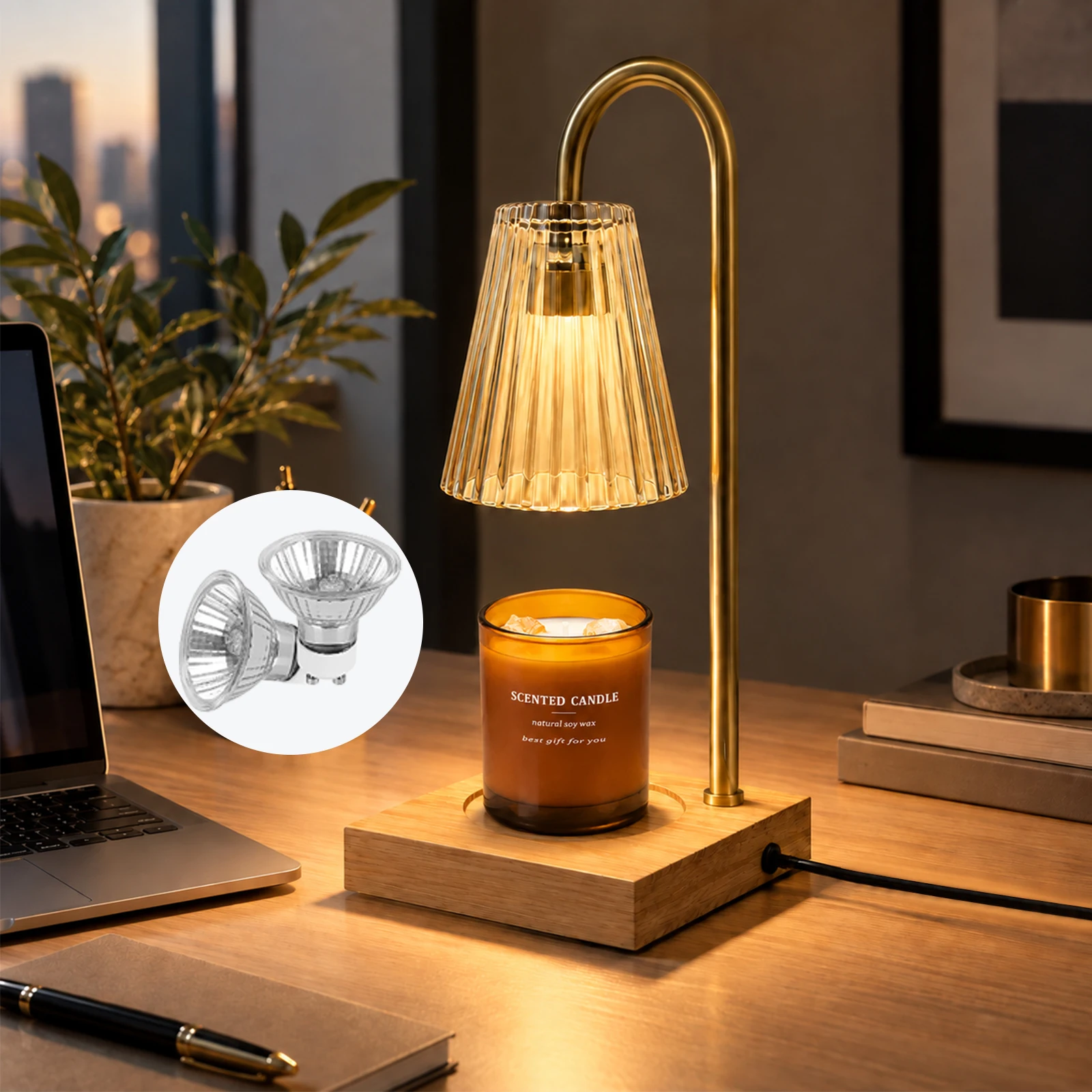 Candle Warmer with Amber Glass Shade with 2H /4H /8H Timer Dimmer Adjustable Height with Wooden Base 50 Watt Halogen Bulb Included for New Home Bedroom,Mothers Day Gifts