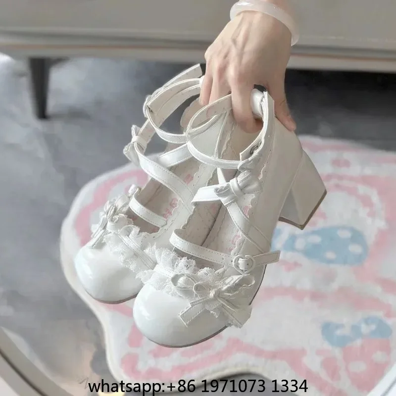 Lolita Red High Heels Cute pumps Shoes spring Autumn Lace Thick high heels Single Shoes Patent Leather Mary Jane Women's Shoes