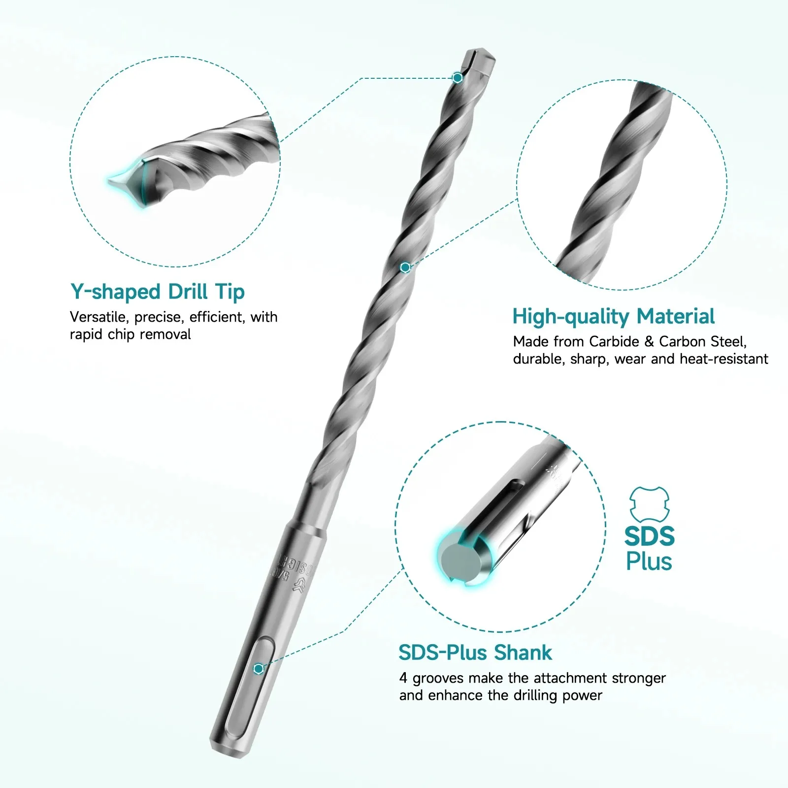 9pcs SDS PLUS Shank Length Carbide Masonry Drill Bit and Chisel Set, for Cement, Stone, Concrete, Rock Work High Durability