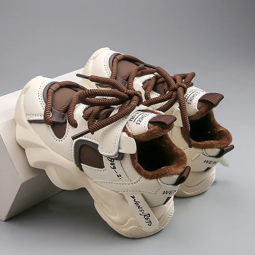 

Winter Cotton Sport Shoes For Children PU Leather Teenager Kid's Sneakers Plush Warm Boy's Girl's Running Shoes Winter