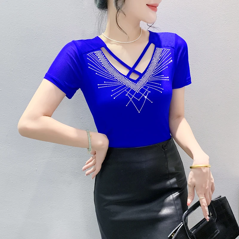 M-3XL 2024 Summer New Short Sleeved Mesh T-Shirt Fashion Cross Hollow Hot Diamond Women's Tops Blusas image 5