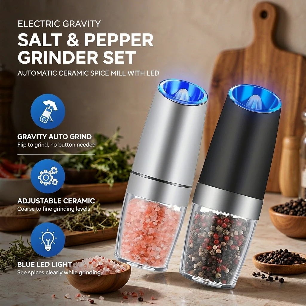 Automatic Gravity Salt and Pepper Grinder, Battery Powered Electric Spice Mill with Adjustable Grinding Coarseness and LED Light, One Hand Seasoning Grinder for Kitchen Dining BBQ Cooking Steak Salad Soup and Fresh Spices