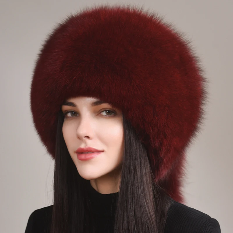 Thickened Snow Outdoor Russian Style Winter Cap For Women Handmade Warm Fluffy Outdoor Female Natural Fox Fur Tail Ushanka Hat