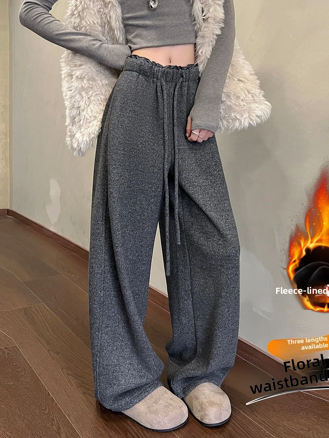 Damskie zimowe ocieplane spodnie z szerokimi nogawkami, codzienne spodnie o prostym kroju, z wysokim stanem, elastycznym pasem, z włókna poliestrowego.