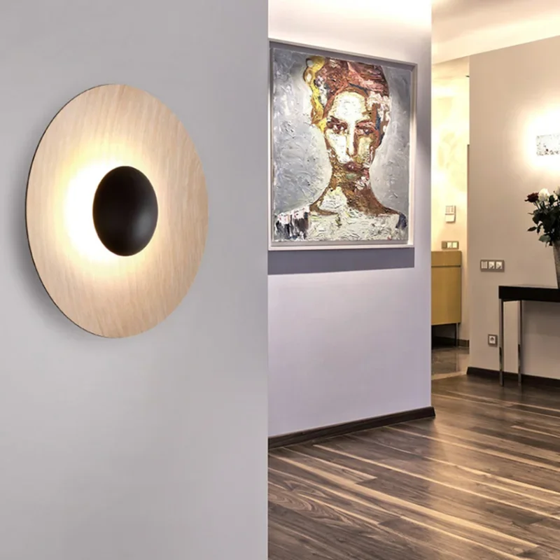 

Modern Round Wood Grain LED Wall Lamp For Bedroom Living Room Beside Bedroom Corridor Aisle Hotel Sofa Background Stair Sconces